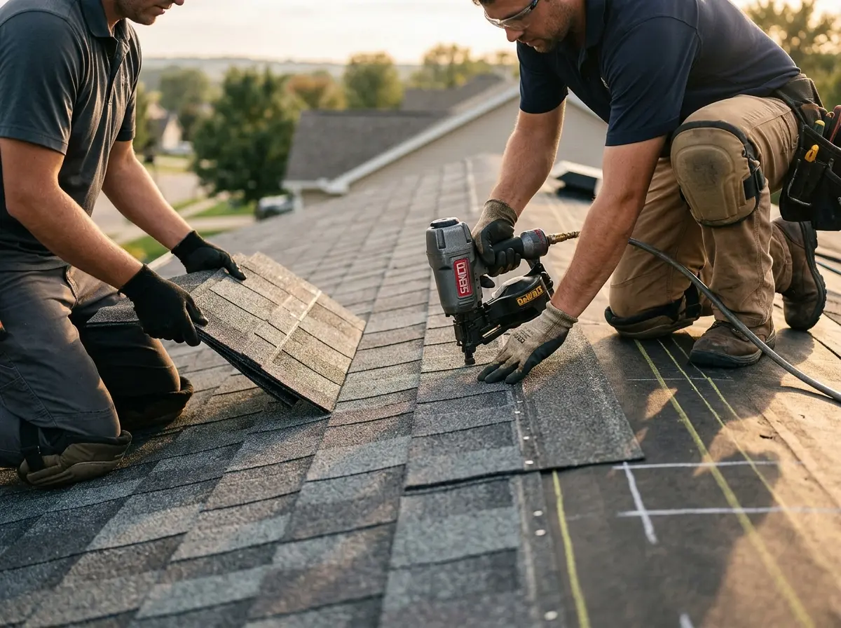 Professional roofer working on a residential roof in Ludington
